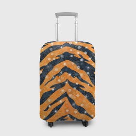 Чехол для чемодана 3D с принтом Новогодняя шкура тигра в Курске, 86% полиэфир, 14% спандекс | двустороннее нанесение принта, прорези для ручек и колес | 2022 | новый год | оранжевый | полосатый | полоски | полосы | снег | снежинки | тгриный | тигр
