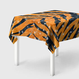 Скатерть 3D с принтом Новогодняя шкура тигра в Курске, 100% полиэстер (ткань не мнется и не растягивается) | Размер: 150*150 см | 2022 | новый год | оранжевый | полосатый | полоски | полосы | снег | снежинки | тгриный | тигр