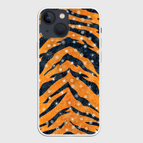 Чехол для iPhone 13 mini с принтом Новогодняя шкура тигра в Курске,  |  | 2022 | новый год | оранжевый | полосатый | полоски | полосы | снег | снежинки | тгриный | тигр