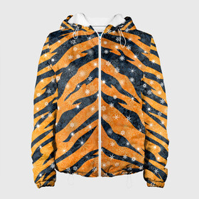 Женская куртка 3D с принтом Новогодняя шкура тигра в Курске, ткань верха — 100% полиэстер, подклад — флис | прямой крой, подол и капюшон оформлены резинкой с фиксаторами, два кармана без застежек по бокам, один большой потайной карман на груди. Карман на груди застегивается на липучку | 2022 | новый год | оранжевый | полосатый | полоски | полосы | снег | снежинки | тгриный | тигр