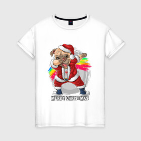 Женская футболка хлопок с принтом Christmas Pug в Курске, 100% хлопок | прямой крой, круглый вырез горловины, длина до линии бедер, слегка спущенное плечо | christmas | dab | dog | holiday | new year | pug | rainbow | santa | даб | мопс | новый год | праздник | радуга | рождество | санта | собака
