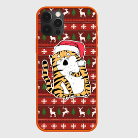 Чехол для iPhone 12 Pro с принтом Рождественский удивленный тигр в Курске, силикон | область печати: задняя сторона чехла, без боковых панелей | 2022 | год тигра | новый год | новый год 2022 | символ года | тигр | тигренок | тигрица | тигры