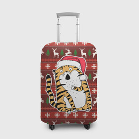 Чехол для чемодана 3D с принтом Рождественский удивленный тигр в Курске, 86% полиэфир, 14% спандекс | двустороннее нанесение принта, прорези для ручек и колес | 2022 | год тигра | новый год | новый год 2022 | символ года | тигр | тигренок | тигрица | тигры