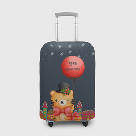 Чехол для чемодана 3D с принтом Новогодний тигренок с красным шариком в Курске, 86% полиэфир, 14% спандекс | двустороннее нанесение принта, прорези для ручек и колес | 2022 | год тигра | новый год | новый год 2022 | символ года | тигр | тигренок | тигрица | тигры