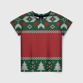 Детская футболка 3D с принтом Knitted Christmas Pattern в Курске, 100% гипоаллергенный полиэфир | прямой крой, круглый вырез горловины, длина до линии бедер, чуть спущенное плечо, ткань немного тянется | Тематика изображения на принте: background | christmas | holiday | knitted | knitted pattern | pattern | trees | winter | вязаный | вязаный узор | елки | зима | праздник | рождество | узор | фон