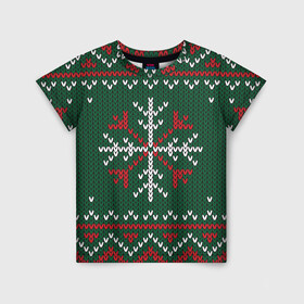 Детская футболка 3D с принтом Knitted Snowflake Pattern в Курске, 100% гипоаллергенный полиэфир | прямой крой, круглый вырез горловины, длина до линии бедер, чуть спущенное плечо, ткань немного тянется | background | christmas | holiday | knitted pattern | pattern | snowflakes | trees | winter | вязаный узор | елки | зима | праздник | рождество | снежинки | узор | фон