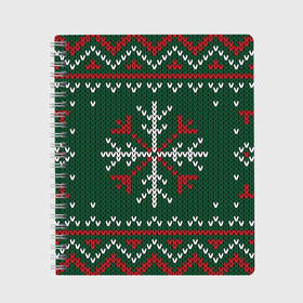 Тетрадь с принтом Knitted Snowflake Pattern в Курске, 100% бумага | 48 листов, плотность листов — 60 г/м2, плотность картонной обложки — 250 г/м2. Листы скреплены сбоку удобной пружинной спиралью. Уголки страниц и обложки скругленные. Цвет линий — светло-серый
 | background | christmas | holiday | knitted pattern | pattern | snowflakes | trees | winter | вязаный узор | елки | зима | праздник | рождество | снежинки | узор | фон