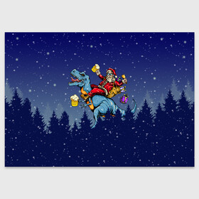 Поздравительная открытка с принтом Санта Клаус на Пивозавре в Курске, 100% бумага | плотность бумаги 280 г/м2, матовая, на обратной стороне линовка и место для марки
 | christmas | santa | дед мороз | динозавр | елка | зима | новый год | подарок | рождество | санта | снег | снежинка