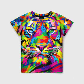 Детская футболка 3D с принтом Тигр в стиле поп арт в Курске, 100% гипоаллергенный полиэфир | прямой крой, круглый вырез горловины, длина до линии бедер, чуть спущенное плечо, ткань немного тянется | 2022 | art | beast | mosaic | multicolored head | new year | pop art | predator | rainbow | tiger | year of the tiger | год тигра | зверь | искусство | мозаика | новый год | радужный | разноцветная голова | тигр | хищник