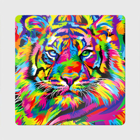 Магнит виниловый Квадрат с принтом Тигр в стиле поп арт в Курске, полимерный материал с магнитным слоем | размер 9*9 см, закругленные углы | 2022 | art | beast | mosaic | multicolored head | new year | pop art | predator | rainbow | tiger | year of the tiger | год тигра | зверь | искусство | мозаика | новый год | радужный | разноцветная голова | тигр | хищник