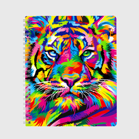 Тетрадь с принтом Тигр в стиле поп арт в Курске, 100% бумага | 48 листов, плотность листов — 60 г/м2, плотность картонной обложки — 250 г/м2. Листы скреплены сбоку удобной пружинной спиралью. Уголки страниц и обложки скругленные. Цвет линий — светло-серый
 | Тематика изображения на принте: 2022 | art | beast | mosaic | multicolored head | new year | pop art | predator | rainbow | tiger | year of the tiger | год тигра | зверь | искусство | мозаика | новый год | радужный | разноцветная голова | тигр | хищник