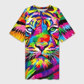 Платье-футболка 3D с принтом Тигр в стиле поп арт в Курске,  |  | 2022 | art | beast | mosaic | multicolored head | new year | pop art | predator | rainbow | tiger | year of the tiger | год тигра | зверь | искусство | мозаика | новый год | радужный | разноцветная голова | тигр | хищник