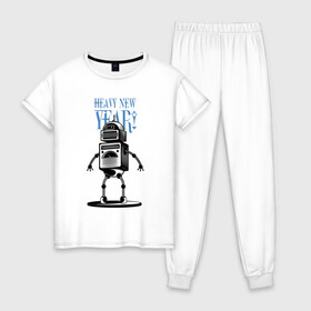 Женская пижама хлопок с принтом Heavy New Robot Year в Курске, 100% хлопок | брюки и футболка прямого кроя, без карманов, на брюках мягкая резинка на поясе и по низу штанин | Тематика изображения на принте: holiday | joke | new year | robot | новый год | праздник | робот | шутка