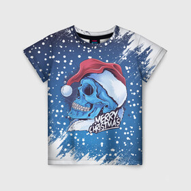 Детская футболка 3D с принтом Merry Christmas | Счастливого Рождества | Skull в Курске, 100% гипоаллергенный полиэфир | прямой крой, круглый вырез горловины, длина до линии бедер, чуть спущенное плечо, ткань немного тянется | Тематика изображения на принте: 2022 | christmas | cold | klaus | merry | new | santa | skull | snow | winter | year | год | дед | зима | клаус | мороз | новый | рождество | санта | скелет | снег | холод | череп