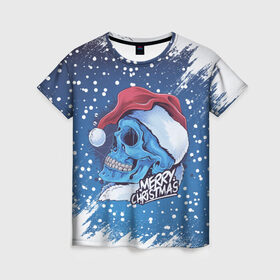 Женская футболка 3D с принтом Merry Christmas | Счастливого Рождества | Skull в Курске, 100% полиэфир ( синтетическое хлопкоподобное полотно) | прямой крой, круглый вырез горловины, длина до линии бедер | Тематика изображения на принте: 2022 | christmas | cold | klaus | merry | new | santa | skull | snow | winter | year | год | дед | зима | клаус | мороз | новый | рождество | санта | скелет | снег | холод | череп