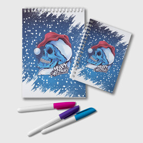 Блокнот с принтом Merry Christmas | Счастливого Рождества | Skull в Курске, 100% бумага | 48 листов, плотность листов — 60 г/м2, плотность картонной обложки — 250 г/м2. Листы скреплены удобной пружинной спиралью. Цвет линий — светло-серый
 | Тематика изображения на принте: 2022 | christmas | cold | klaus | merry | new | santa | skull | snow | winter | year | год | дед | зима | клаус | мороз | новый | рождество | санта | скелет | снег | холод | череп