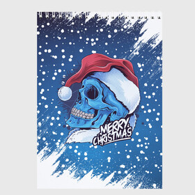 Скетчбук с принтом Merry Christmas | Счастливого Рождества | Skull в Курске, 100% бумага
 | 48 листов, плотность листов — 100 г/м2, плотность картонной обложки — 250 г/м2. Листы скреплены сверху удобной пружинной спиралью | Тематика изображения на принте: 2022 | christmas | cold | klaus | merry | new | santa | skull | snow | winter | year | год | дед | зима | клаус | мороз | новый | рождество | санта | скелет | снег | холод | череп