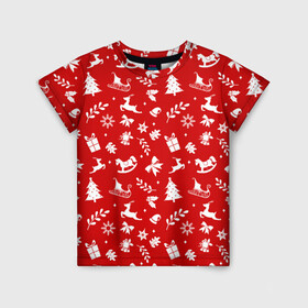 Детская футболка 3D с принтом НОВОГОДНИЙ УЗОР КРАСНО БЕЛЫЙ в Курске, 100% гипоаллергенный полиэфир | прямой крой, круглый вырез горловины, длина до линии бедер, чуть спущенное плечо, ткань немного тянется | 2022 | beast | merry christmas | new year | red bow | santa hat | snow | tiger | winter | winter is coming | year of the tiger | год тигра | дед мороз | животные | звери | зверь | зима | зима 2022 | зима близко | новогодний свитер | новогодний у
