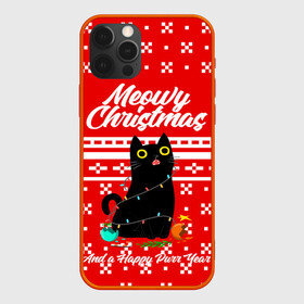 Чехол для iPhone 12 Pro с принтом MEOW | CHRISTMAS в Курске, силикон | область печати: задняя сторона чехла, без боковых панелей | Тематика изображения на принте: 2020 | 2021 | 2022 | christmas | meow | meowy christmas | merry | кот | леденец | мяу | нг | новогодний | новый год | олени | рождество | свитер | узоры