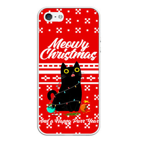 Чехол для iPhone 5/5S матовый с принтом MEOW | CHRISTMAS в Курске, Силикон | Область печати: задняя сторона чехла, без боковых панелей | Тематика изображения на принте: 2020 | 2021 | 2022 | christmas | meow | meowy christmas | merry | кот | леденец | мяу | нг | новогодний | новый год | олени | рождество | свитер | узоры