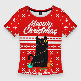 Женская футболка 3D Slim с принтом MEOW  CHRISTMAS в Курске,  |  | 2020 | 2021 | 2022 | christmas | meow | meowy christmas | merry | кот | леденец | мяу | нг | новогодний | новый год | олени | рождество | свитер | узоры