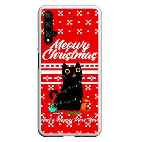 Чехол для Honor 20 с принтом MEOW | CHRISTMAS в Курске, Силикон | Область печати: задняя сторона чехла, без боковых панелей | 2020 | 2021 | 2022 | christmas | meow | meowy christmas | merry | кот | леденец | мяу | нг | новогодний | новый год | олени | рождество | свитер | узоры