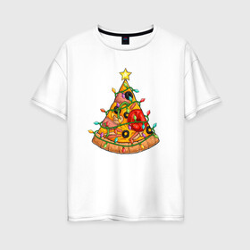 Женская футболка хлопок Oversize с принтом Новогодняя Пицца Елка в Курске, 100% хлопок | свободный крой, круглый ворот, спущенный рукав, длина до линии бедер
 | christmas | pizza | гирлянда | елка | ель | звезда | новый год | пицца | рождество