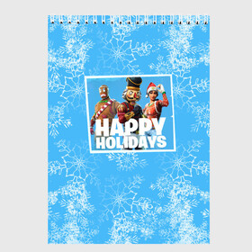 Скетчбук с принтом Happy holidays Fortnite в Курске, 100% бумага
 | 48 листов, плотность листов — 100 г/м2, плотность картонной обложки — 250 г/м2. Листы скреплены сверху удобной пружинной спиралью | игра | персонажи | снег | снежинки | фото