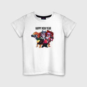 Детская футболка хлопок с принтом Happy New Year FNF в Курске, 100% хлопок | круглый вырез горловины, полуприлегающий силуэт, длина до линии бедер | Тематика изображения на принте: игра | кресло | надпись | персонажи | пистолет