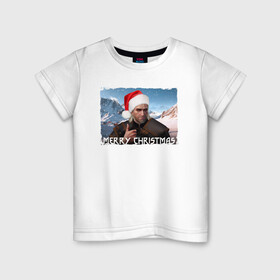Детская футболка хлопок с принтом Ведьмак merry christmas в Курске, 100% хлопок | круглый вырез горловины, полуприлегающий силуэт, длина до линии бедер | горы | мужчина | охотник | персонаж | шапка