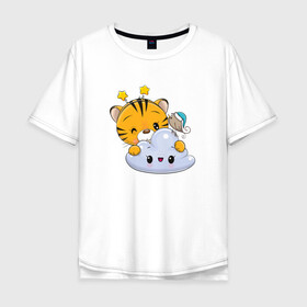 Мужская футболка хлопок Oversize с принтом Тигренок с облачком в Курске, 100% хлопок | свободный крой, круглый ворот, “спинка” длиннее передней части | 2022 | год тигра | новый год | новый год 2022 | символ года | тигр | тигренок | тигрица | тигры