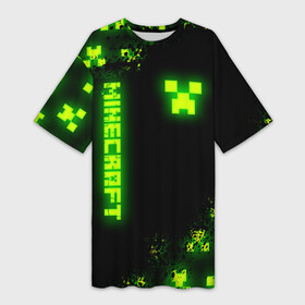 Платье-футболка 3D с принтом MINECRAFT NEON LOGO CREEPER в Курске,  |  | block | creeper | cube | minecraft | pixel | tnt | toxic | блок | гаст | геометрия | крафт | крипер | кубики | майнкрафт | неон | пиксели | тнт | токсик