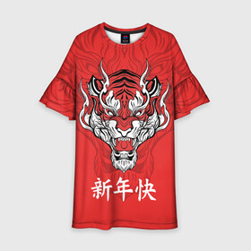 Детское платье 3D с принтом Красный тигр   дракон в Курске, 100% полиэстер | прямой силуэт, чуть расширенный к низу. Круглая горловина, на рукавах — воланы | 2022 | beast | chinese characters | chinese zodiac | dragon | head | muzzle | new year | predator | red tiger | stern look | year of the tiger | год тигра | голова | дракон | зверь | китайские иероглифы | красный тигр | новый год | по китайскому г