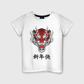 Детская футболка хлопок с принтом Красный тигр   дракон 2022 в Курске, 100% хлопок | круглый вырез горловины, полуприлегающий силуэт, длина до линии бедер | 2022 | beast | chinese characters | chinese zodiac | dragon | head | muzzle | new year | predator | red tiger | stern look | year of the tiger | год тигра | голова | дракон | зверь | китайские иероглифы | красный тигр | новый год | по китайскому г