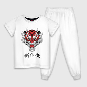 Детская пижама хлопок с принтом Красный тигр   дракон 2022 в Курске, 100% хлопок |  брюки и футболка прямого кроя, без карманов, на брюках мягкая резинка на поясе и по низу штанин
 | Тематика изображения на принте: 2022 | beast | chinese characters | chinese zodiac | dragon | head | muzzle | new year | predator | red tiger | stern look | year of the tiger | год тигра | голова | дракон | зверь | китайские иероглифы | красный тигр | новый год | по китайскому г