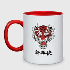 Кружка двухцветная с принтом Красный тигр   дракон 2022 в Курске, керамика | объем — 330 мл, диаметр — 80 мм. Цветная ручка и кайма сверху, в некоторых цветах — вся внутренняя часть | Тематика изображения на принте: 2022 | beast | chinese characters | chinese zodiac | dragon | head | muzzle | new year | predator | red tiger | stern look | year of the tiger | год тигра | голова | дракон | зверь | китайские иероглифы | красный тигр | новый год | по китайскому г