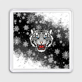 Магнит 55*55 с принтом НОВОГОДНИЙ БЕЛЫЙ ТИГР 2022 в Курске, Пластик | Размер: 65*65 мм; Размер печати: 55*55 мм | 2022 | beast | merry christmas | new year | red bow | santa hat | snow | tiger | winter | winter is coming | year of the tiger | год тигра | дед мороз | животные | звери | зверь | зима | зима 2022 | зима близко | новог | новогодни