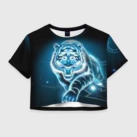 Женская футболка Crop-top 3D с принтом НЕНОНОВЫЙ ТИГР 2022 | NEON TIGER NEW YEAR в Курске, 100% полиэстер | круглая горловина, длина футболки до линии талии, рукава с отворотами | 2022 | beast | merry christmas | new year | red bow | santa hat | snow | tiger | winter | winter is coming | year of the tiger | год тигра | дед мороз | животные | звери | зверь | зима | зима 2022 | зима близко | новог | новогодни