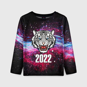 Детский лонгслив 3D с принтом ЧЁРНЫЙ ТИГР НОВЫЙ ГОД 2022   GRAY TIGER NEW YEAR в Курске, 100% полиэстер | длинные рукава, круглый вырез горловины, полуприлегающий силуэт
 | 2022 | beast | merry christmas | new year | red bow | santa hat | snow | tiger | winter | winter is coming | year of the tiger | год тигра | дед мороз | животные | звери | зверь | зима | зима 2022 | зима близко | новог | новогодни