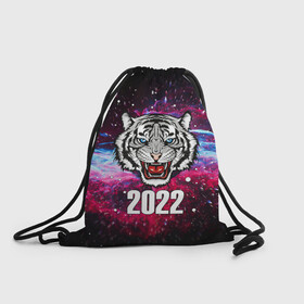 Рюкзак-мешок 3D с принтом ЧЁРНЫЙ ТИГР НОВЫЙ ГОД 2022   GRAY TIGER NEW YEAR в Курске, 100% полиэстер | плотность ткани — 200 г/м2, размер — 35 х 45 см; лямки — толстые шнурки, застежка на шнуровке, без карманов и подкладки | 2022 | beast | merry christmas | new year | red bow | santa hat | snow | tiger | winter | winter is coming | year of the tiger | год тигра | дед мороз | животные | звери | зверь | зима | зима 2022 | зима близко | новог | новогодни