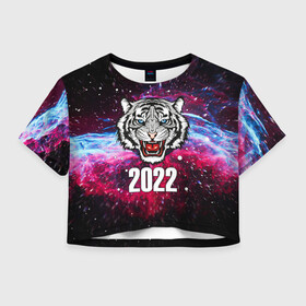 Женская футболка Crop-top 3D с принтом ЧЁРНЫЙ ТИГР НОВЫЙ ГОД 2022   GRAY TIGER NEW YEAR в Курске, 100% полиэстер | круглая горловина, длина футболки до линии талии, рукава с отворотами | 2022 | beast | merry christmas | new year | red bow | santa hat | snow | tiger | winter | winter is coming | year of the tiger | год тигра | дед мороз | животные | звери | зверь | зима | зима 2022 | зима близко | новог | новогодни