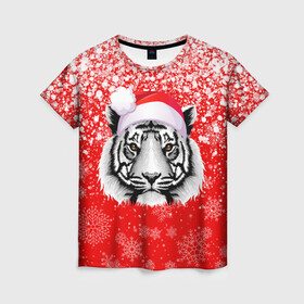 Женская футболка 3D с принтом НОВОГОДНИЙ ТИГР 2022   ЕШПУК 2022 в Курске, 100% полиэфир ( синтетическое хлопкоподобное полотно) | прямой крой, круглый вырез горловины, длина до линии бедер | 2022 | beast | merry christmas | new year | red bow | santa hat | snow | tiger | winter | winter is coming | year of the tiger | год тигра | дед мороз | животные | звери | зверь | зима | зима 2022 | зима близко | новог | новогодни