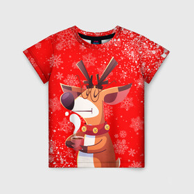 Детская футболка 3D с принтом НОВОГОДНИЙ ОЛЕНЬ И ЧАШКА КОФЕ в Курске, 100% гипоаллергенный полиэфир | прямой крой, круглый вырез горловины, длина до линии бедер, чуть спущенное плечо, ткань немного тянется | 2022 | beast | merry christmas | new year | red bow | santa hat | snow | tiger | winter | winter is coming | year of the tiger | год тигра | дед мороз | животные | звери | зверь | зима | зима 2022 | зима близко | новог | новогодни