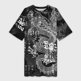 Платье-футболка 3D с принтом Dragon Fire (Иероглифы) Японский Дракон в Курске,  |  | beast | dragon | fire | grunge | горелый | дракон | животные | зверь | змей | иероглифы | когти | огонь | пепел | пламя | потертости | узор | чб | японский