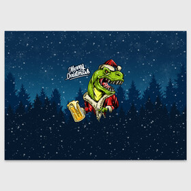 Поздравительная открытка с принтом Пивозавр Санта в Курске, 100% бумага | плотность бумаги 280 г/м2, матовая, на обратной стороне линовка и место для марки
 | christmas | santa | дед мороз | динозавр | елка | зима | новый год | рождество | санта | снег | снежинка
