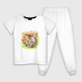 Детская пижама хлопок с принтом Портрет тигра с зелёными глазами в Курске, 100% хлопок |  брюки и футболка прямого кроя, без карманов, на брюках мягкая резинка на поясе и по низу штанин
 | 2022 | глаза | животное | зверь | китайский календарь | кошка | новый год | оранжевый | полоски | символ года | тигр | хищник