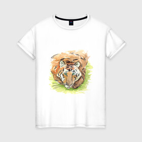Женская футболка хлопок с принтом Портрет тигра с зелёными глазами в Курске, 100% хлопок | прямой крой, круглый вырез горловины, длина до линии бедер, слегка спущенное плечо | Тематика изображения на принте: 2022 | глаза | животное | зверь | китайский календарь | кошка | новый год | оранжевый | полоски | символ года | тигр | хищник