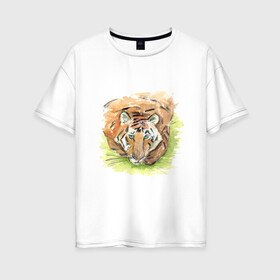 Женская футболка хлопок Oversize с принтом Портрет тигра с зелёными глазами в Курске, 100% хлопок | свободный крой, круглый ворот, спущенный рукав, длина до линии бедер
 | 2022 | глаза | животное | зверь | китайский календарь | кошка | новый год | оранжевый | полоски | символ года | тигр | хищник