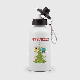 Бутылка спортивная с принтом Adventure Time 2022 Happy New Year в Курске, металл | емкость — 500 мл, в комплекте две пластиковые крышки и карабин для крепления | 2022 | adventure time | animation | new year | время приключений | новый год 2022