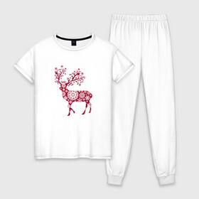 Женская пижама хлопок с принтом Снежный Олень в Курске, 100% хлопок | брюки и футболка прямого кроя, без карманов, на брюках мягкая резинка на поясе и по низу штанин | волшебный олень | животное | новый год | олень | снежинки | снежный олень